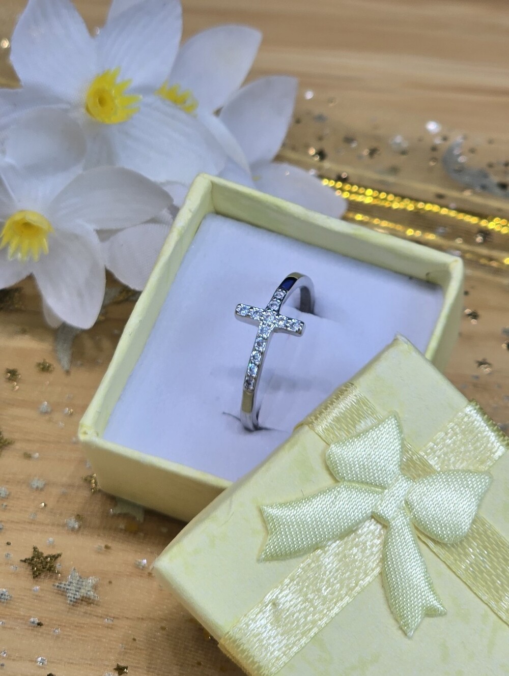 Silver Tone Cross Ring with Clear Crystals - White